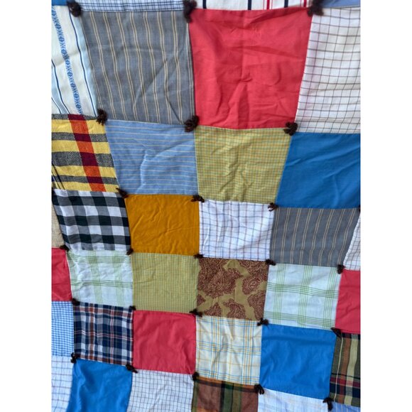 Vintage 50's Quilt From Mens Shirts Fabric Patchwork Tied 68x79" - Picture 10 of 16